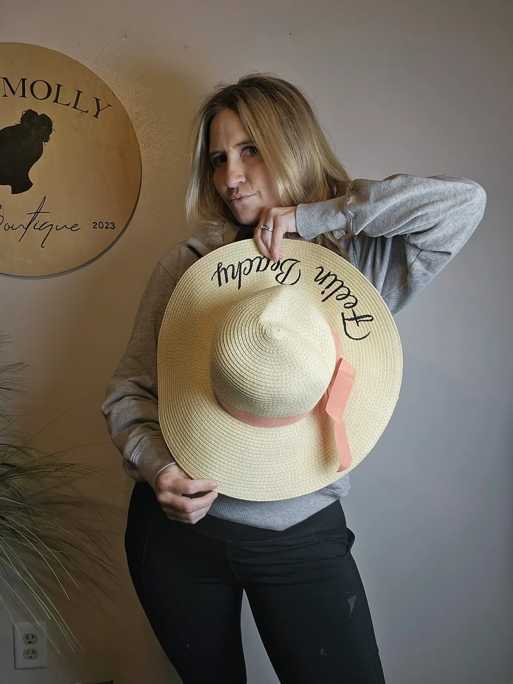 Straw Wide-Brim Sun Hat with Pink Ribbon - Feelin Beachy Script